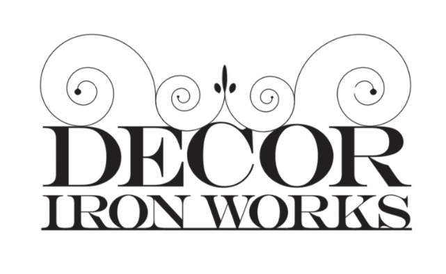 Decor Iron Works logo with blue iron gate icon and text on white background