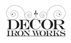 Decor Iron Works logo with blue iron gate icon and text on white background