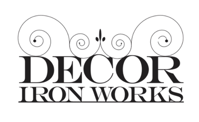 Decor Iron Works logo with blue iron gate icon and text on white background