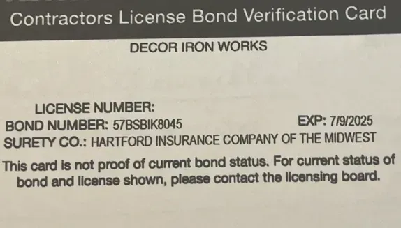Contractor license bond verification card for Decor Iron Works, with bond details and disclaimer text.