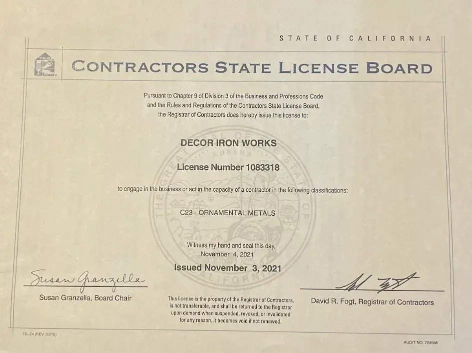 California Contractors State License Board certificate for CECIL IRON WORKS, framed on beige paper.