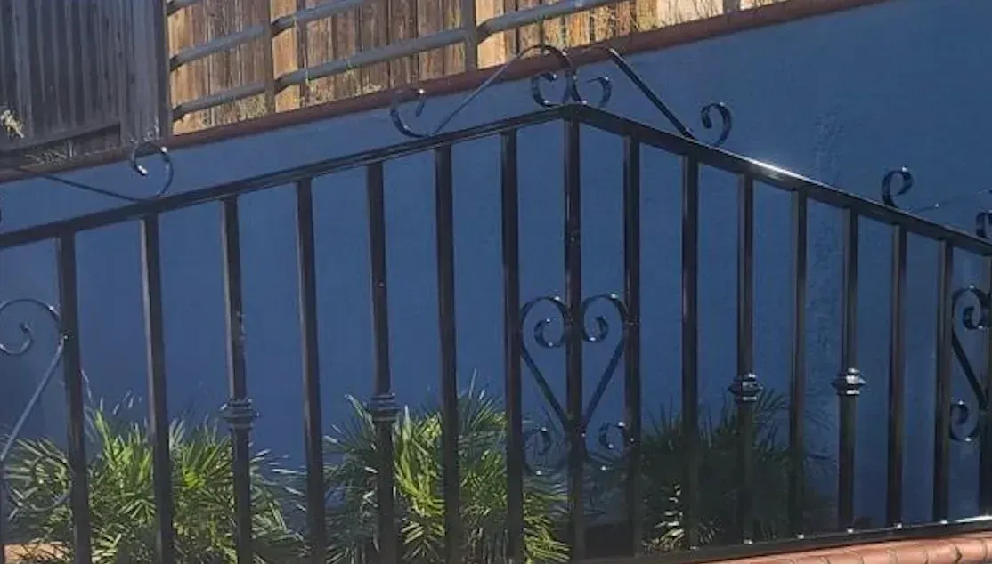 Black metal gate in front of a blue wall with small plants along the base.