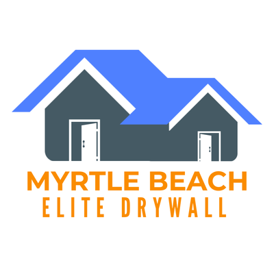 Myrtle Beach Elite Drywall logo with blue house roofs and orange text on a white background
