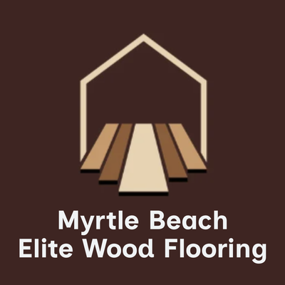 Myrtle Beach Elite Wood Flooring logo with stylized wood planks on a brown background
