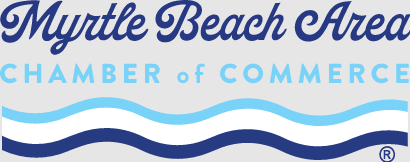 Myrtle Beach Area Chamber of Commerce logo in blue and white with wave design