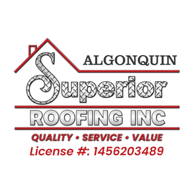 Algonquin Superior Roofing Inc logo with red roof outline, gray text, and license number 1456203489