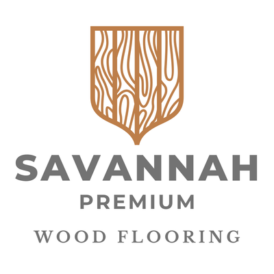 Savannah Premium Wood Flooring logo with brown wood-grain shield icon and gray text on white background