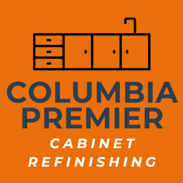 Columbia Premier Cabinet Refinishing logo with black cabinet icon and orange background