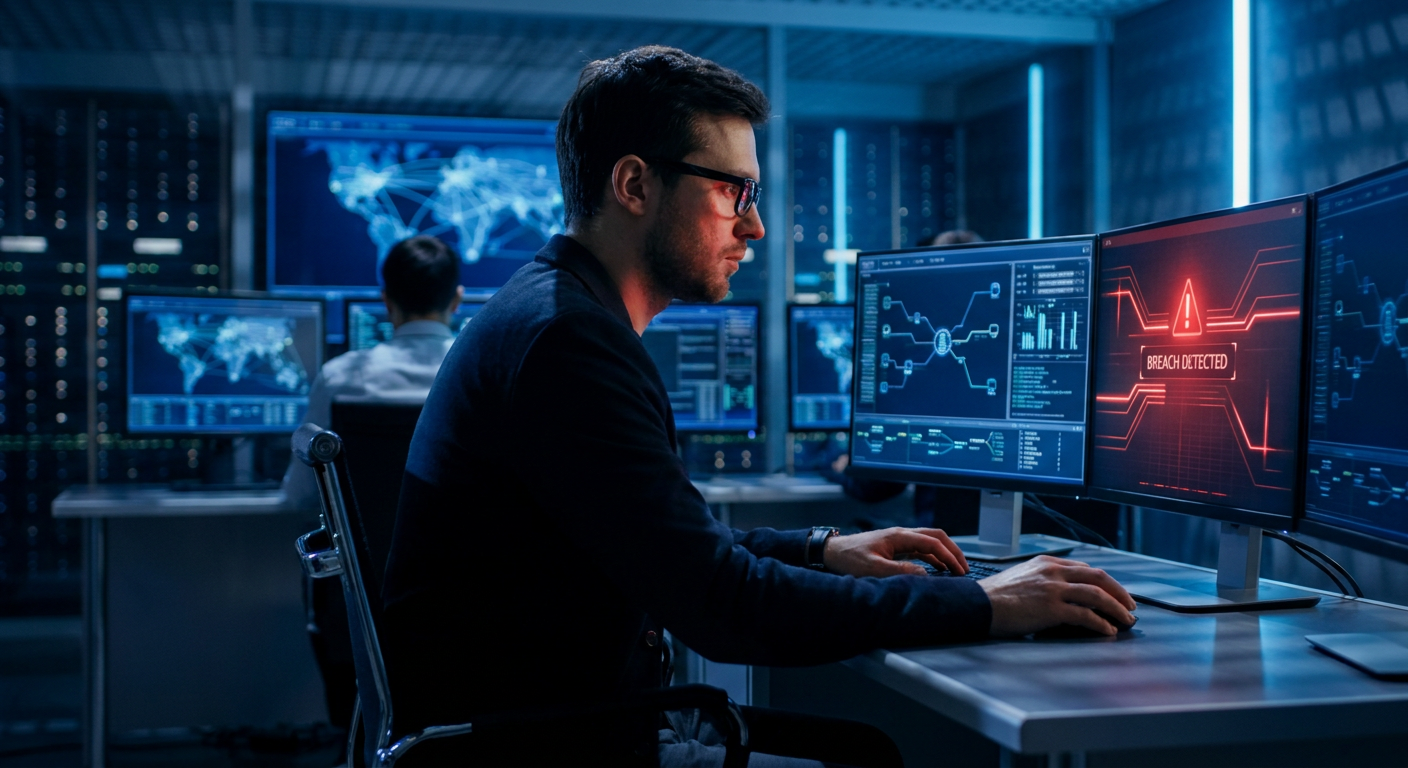 Cybersecurity expert conducting network penetration test on blue-lit monitors at night