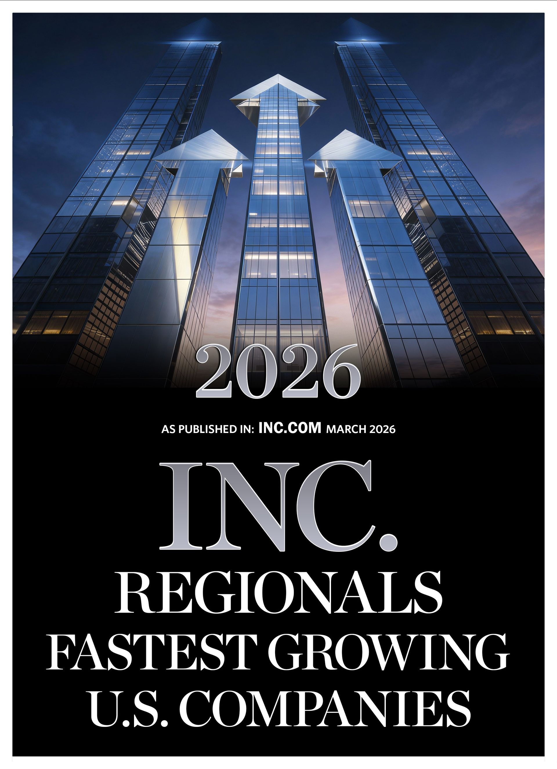 2026 INC. Regions Fastest Growing U.S. Companies cover with tall glass skyscrapers at dusk