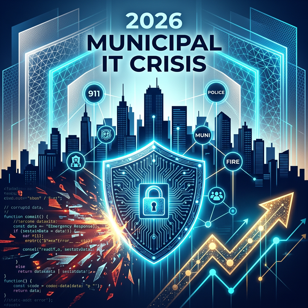 “2026 Municipal IT Crisis” cybersecurity graphic with shield, city skyline, data icons, and rising arrows