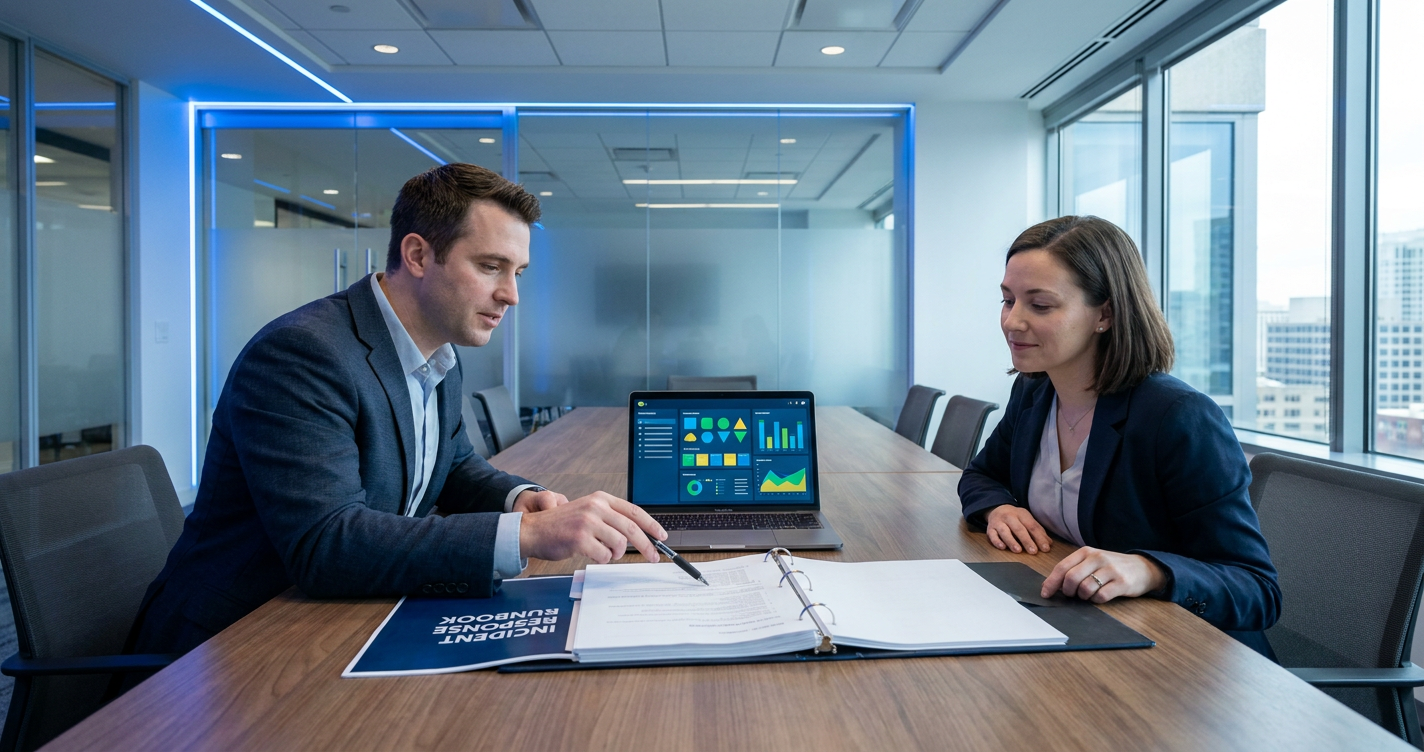 IT team following an incident response plan on a laptop in a conference room