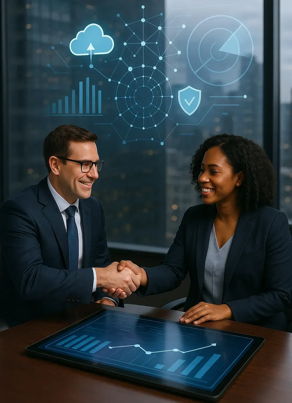 A man and a woman are shaking hands while sitting at a table. A man and a woman are shaking hands while sitting at a table.