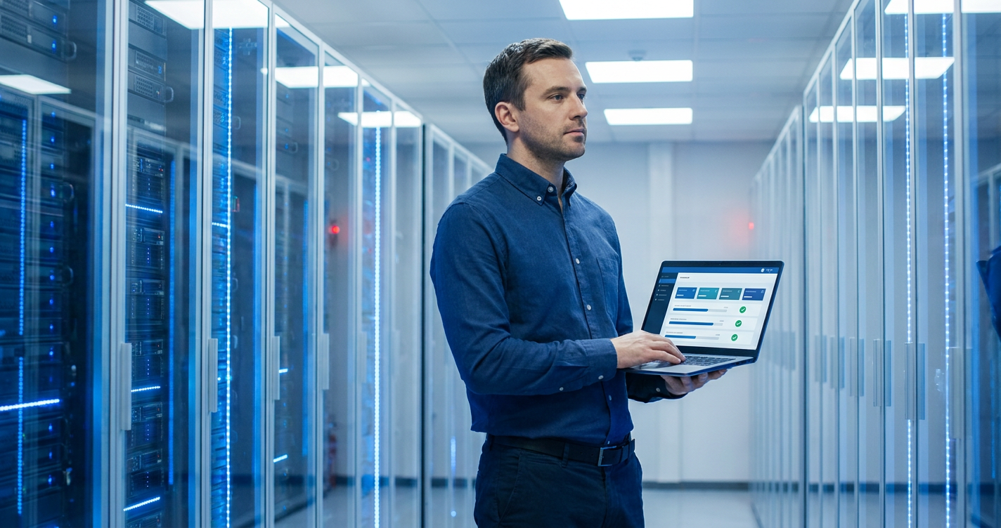 IT professional reviewing data backup and disaster recovery dashboard in a server room