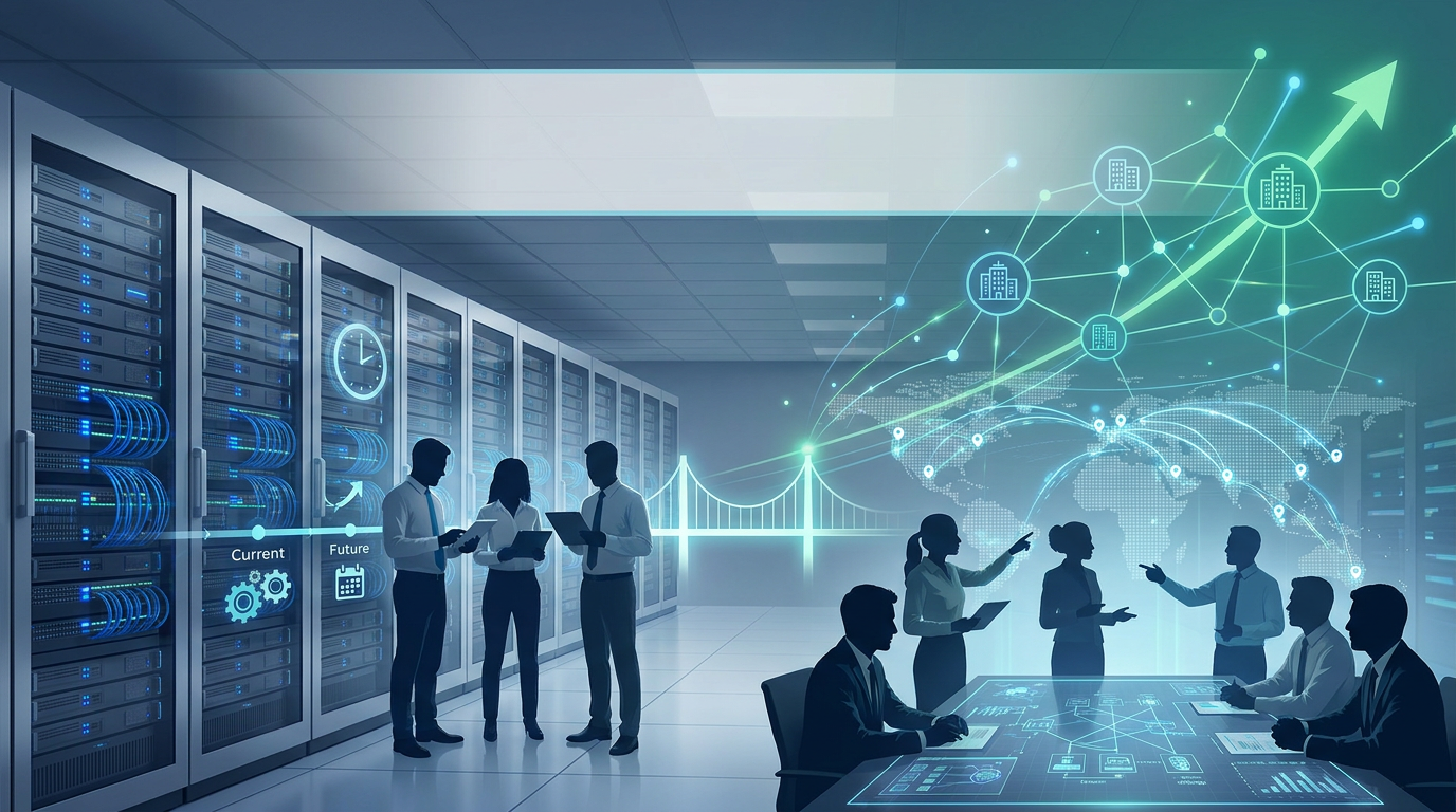 People collaborating in a modern server room with glowing digital network graphics and data visualizations