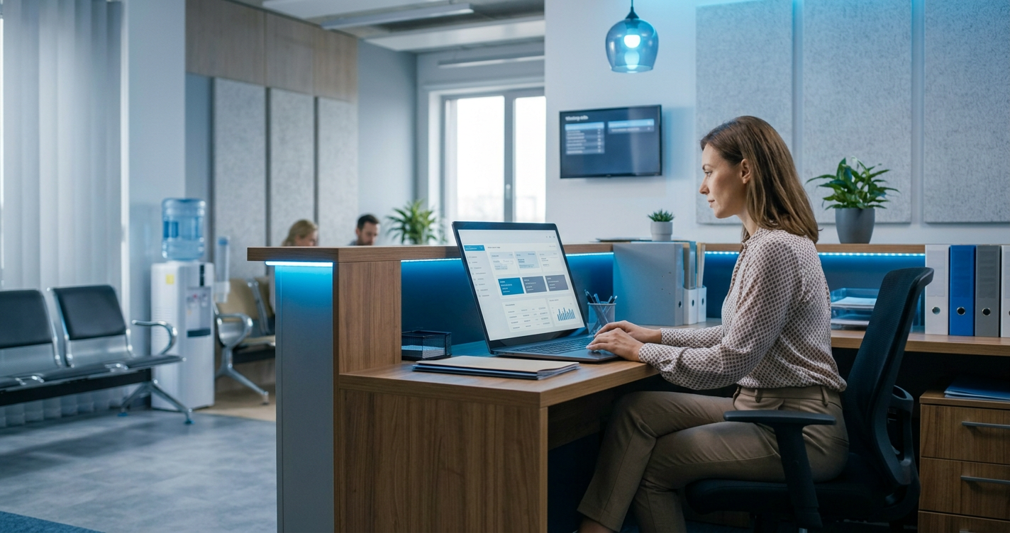Dental office staff reviewing patient records on a secure computer screen