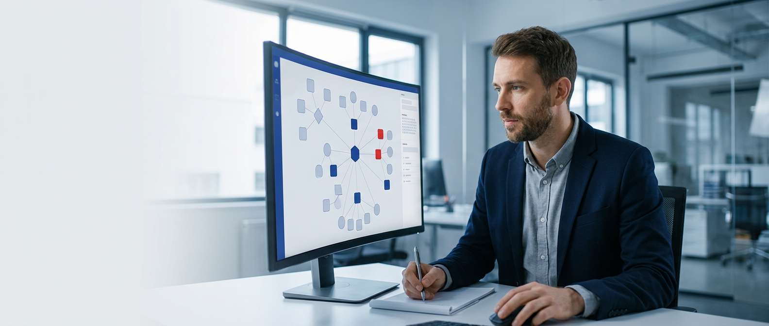 A security analyst reviewing a network map on a dashboard with flagged vulnerability points 