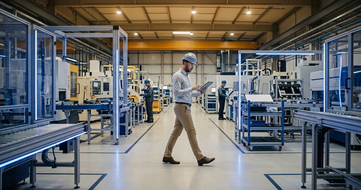Engineer walking a manufacturing floor with a tablet checking systems