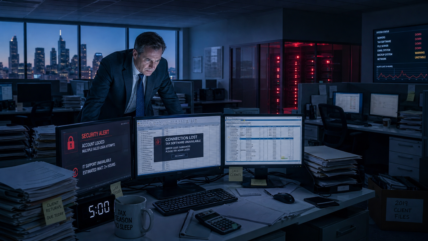Dim office with multiple monitors and a man leaning over a desk, lit by blue and red screens.
