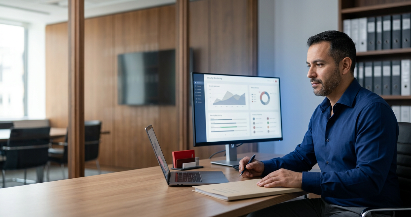 Attorney reviewing a security monitoring dashboard in a law firm office