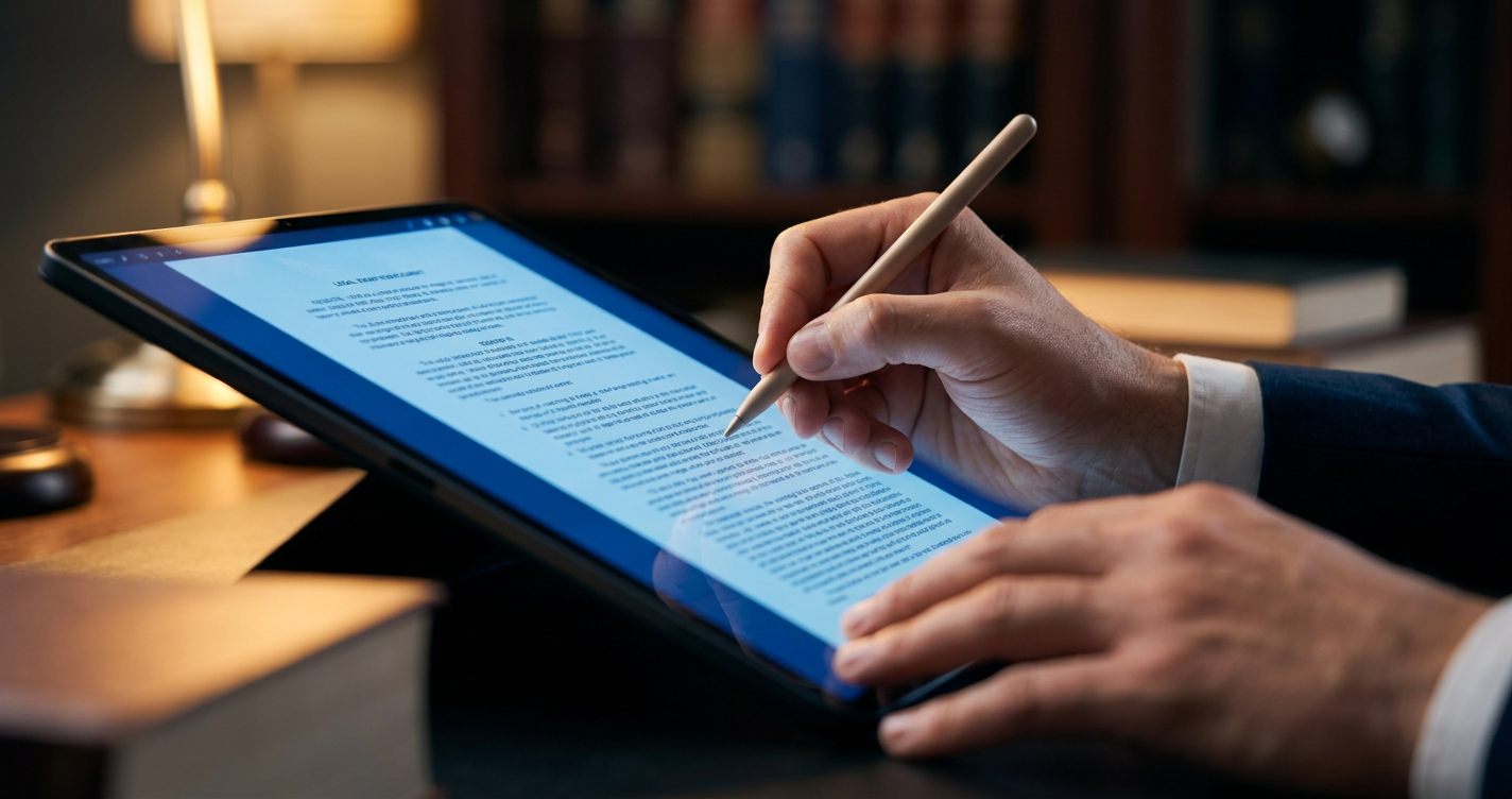 Attorney reviewing a shared case document with revocable access controls