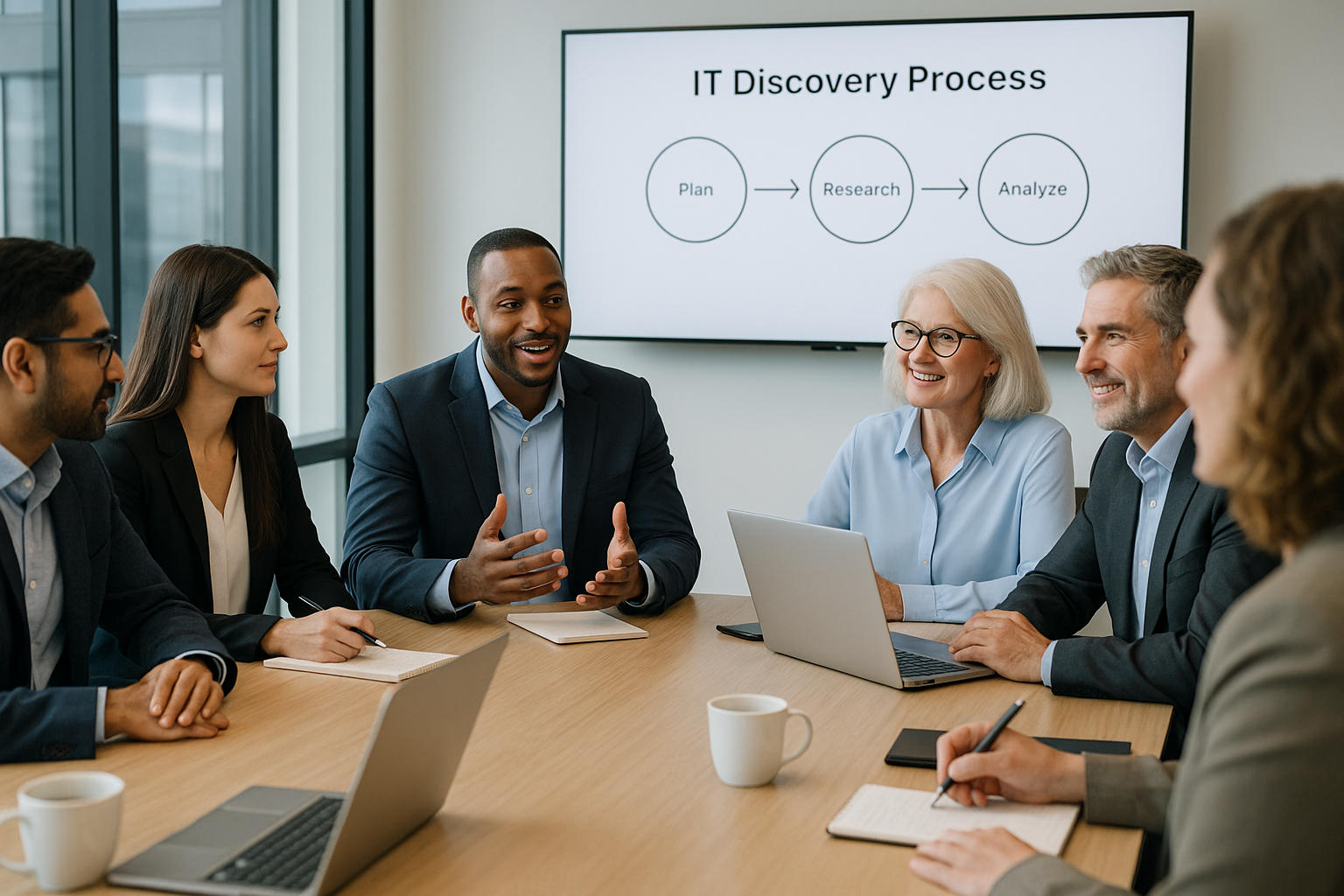 Business meeting with six people seated around a table, discussing IT discovery process on a screen.