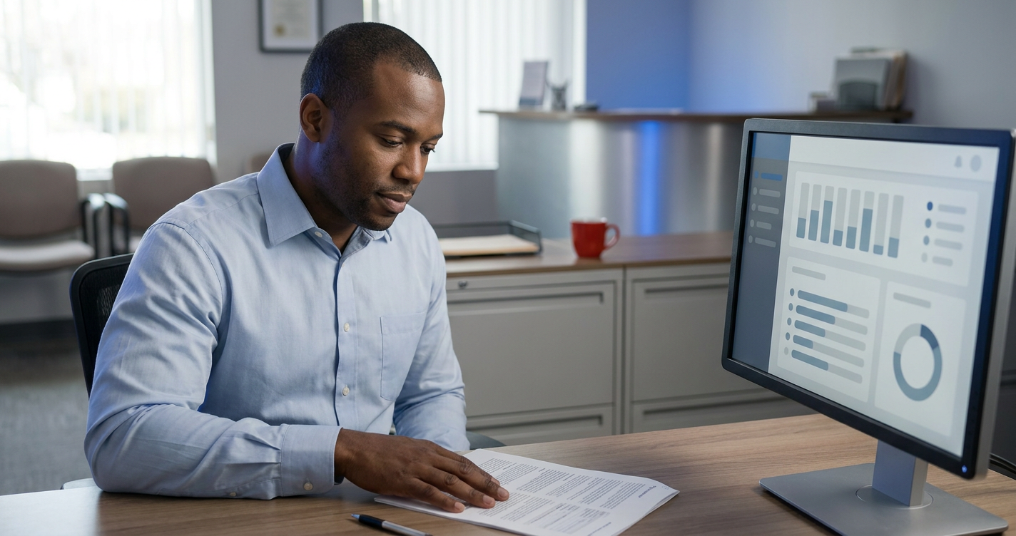Insurance agent reviewing a cybersecurity risk assessment report at an agency desk