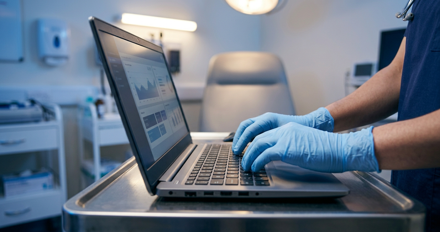 Medical office staff responding to a security incident on a laptop