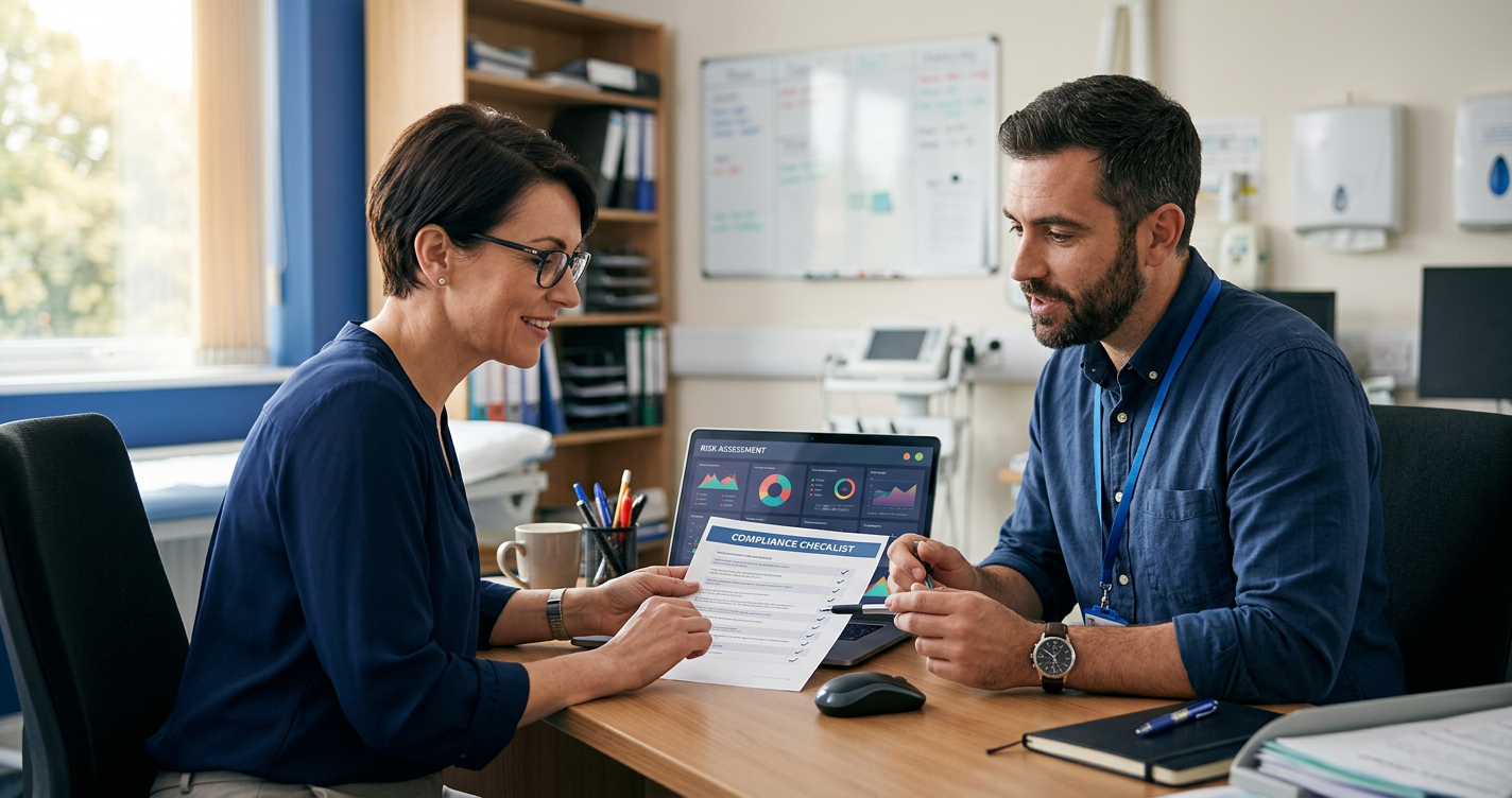 Practice manager and IT consultant reviewing a HIPAA compliance checklist