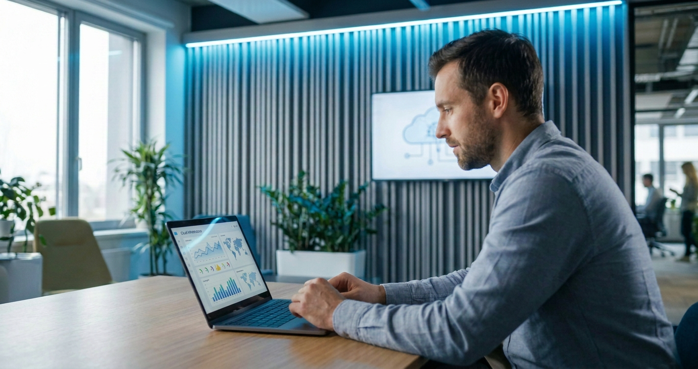 IT professional monitoring cloud infrastructure dashboards on a laptop