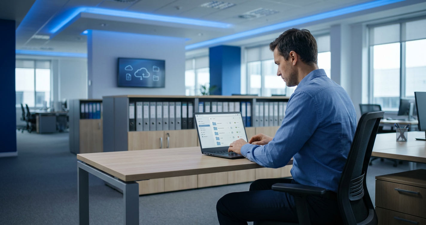 IT professional organizing business files on a laptop in a modern office