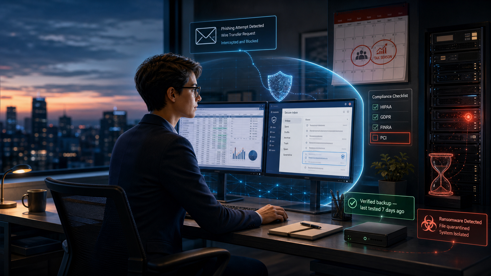 Person at a desk with multiple monitors in a city office, viewing data dashboards and glowing cybersecurity overlays at dusk