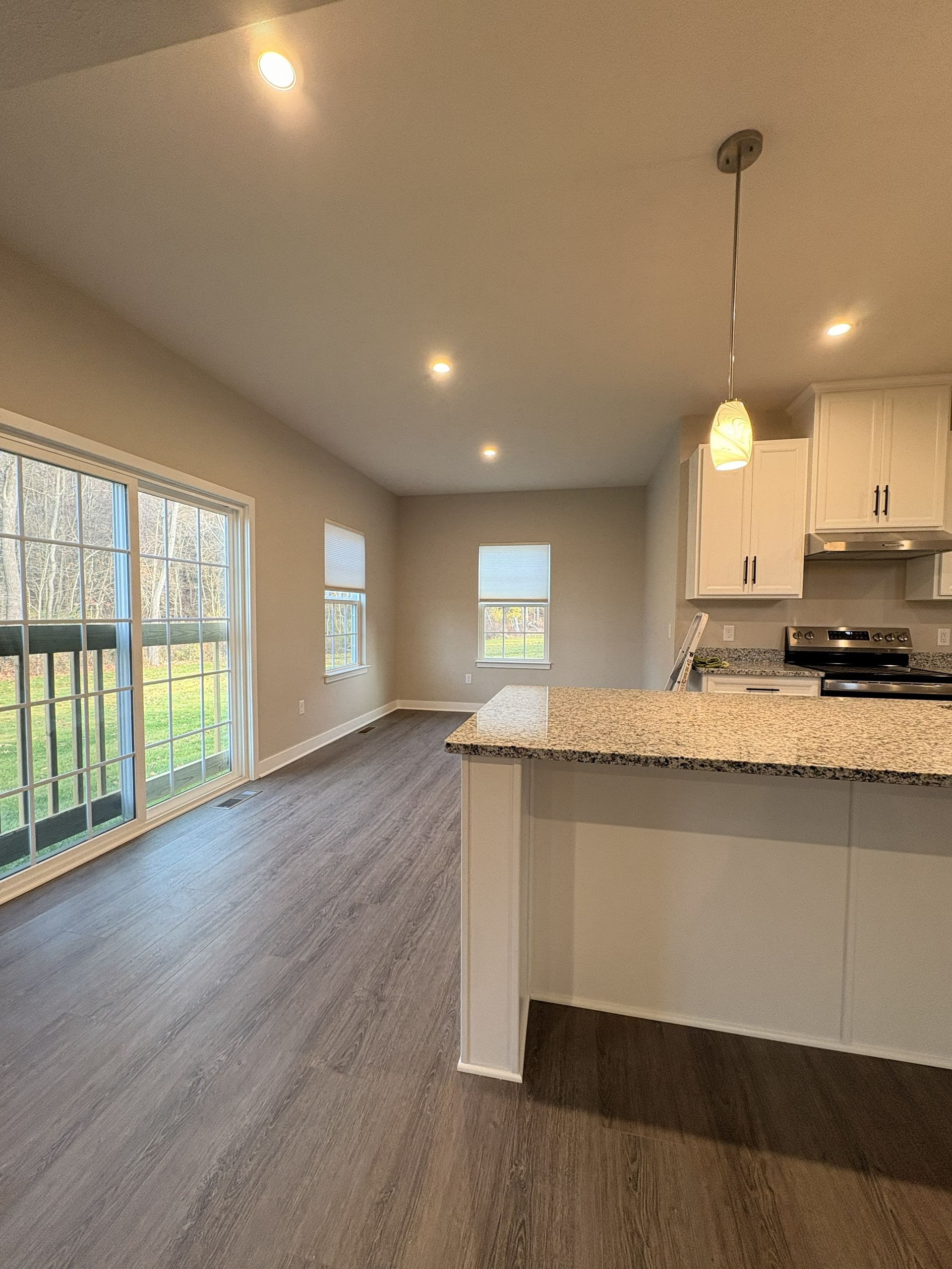 Open-concept kitchen and living area with wood floors, sliding glass door, and recessed lighting.