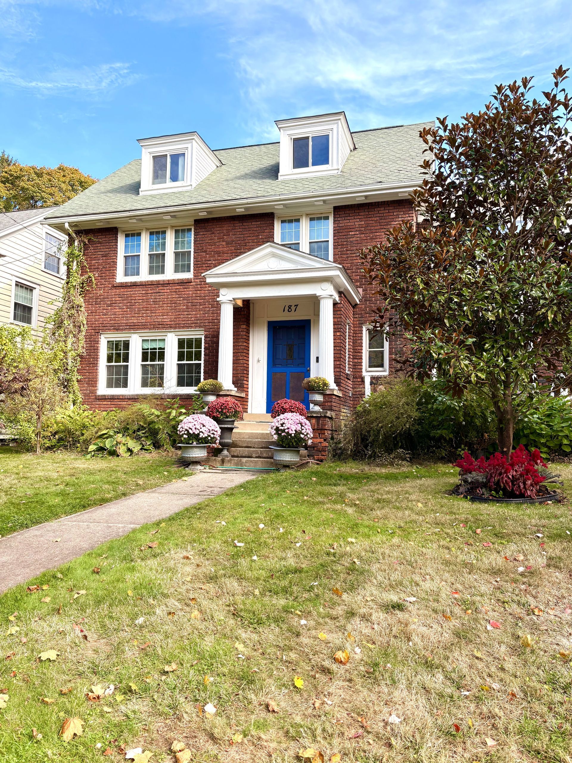 Brick house with blue door, white trim, green roof, and flower pots. Sunny day.