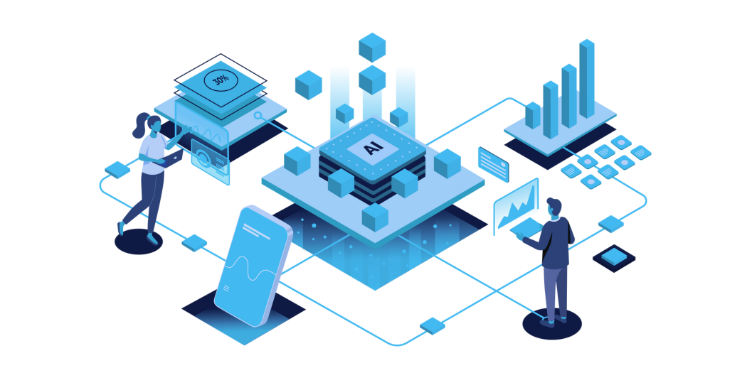 illustration of data processing - people at work interacting with a central data hub, visualising data.