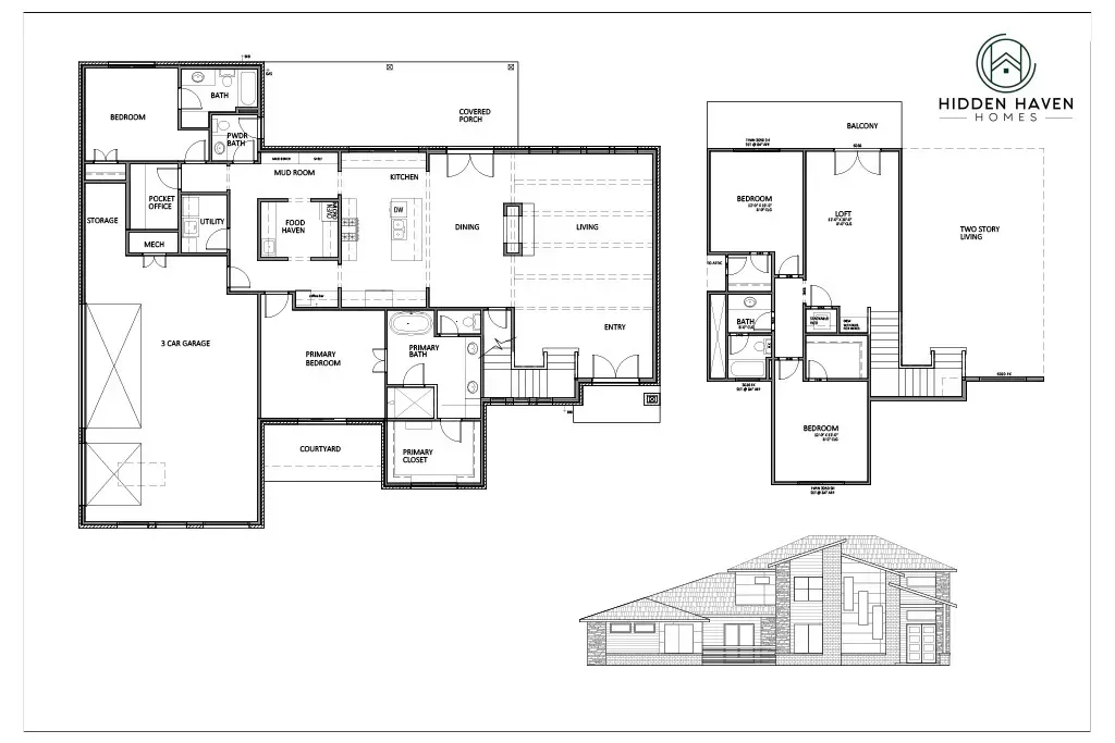 Architectural floor plan with labeled rooms, dimensions, and elevation sketches on a white background