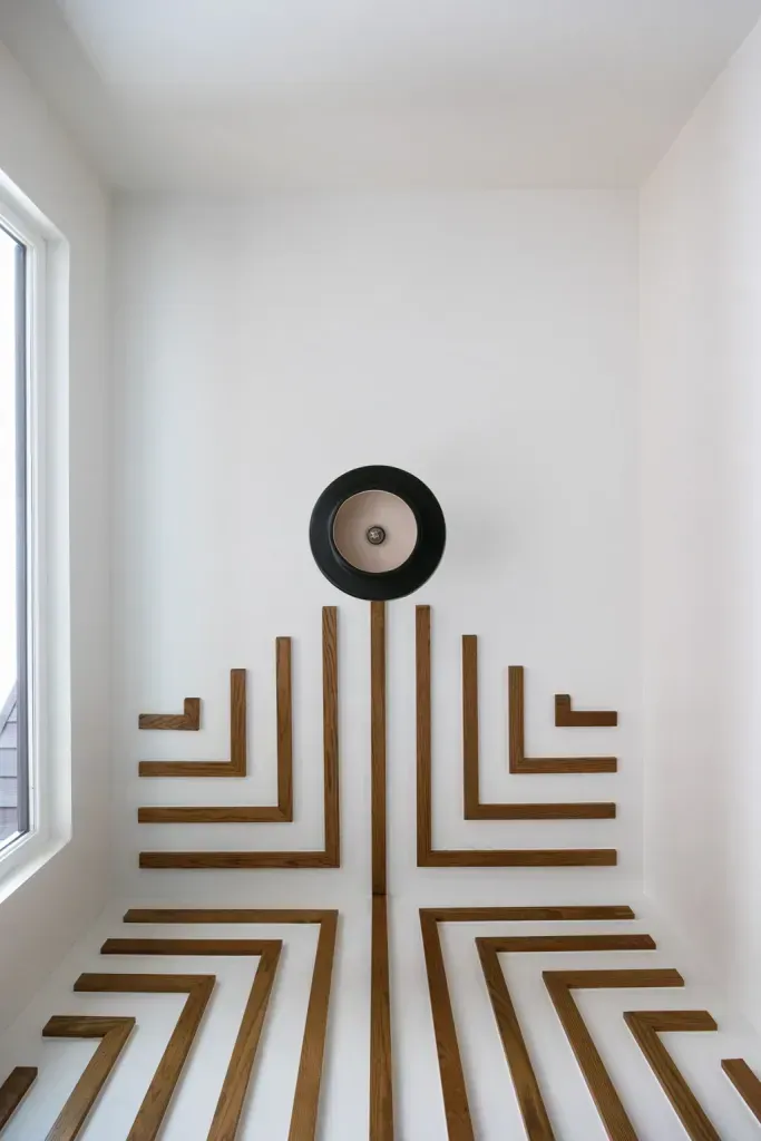 Geometric brown line art on a white wall with a centered black circular wall piece in a bright room