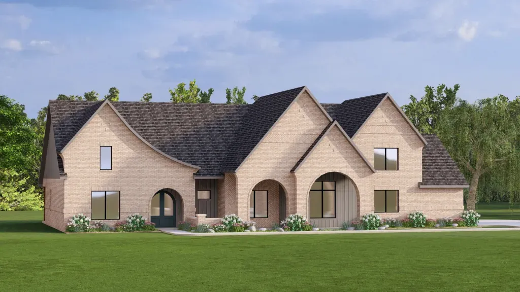 Single-story brick house with arched entry, dark roof, and manicured lawn in a suburban setting