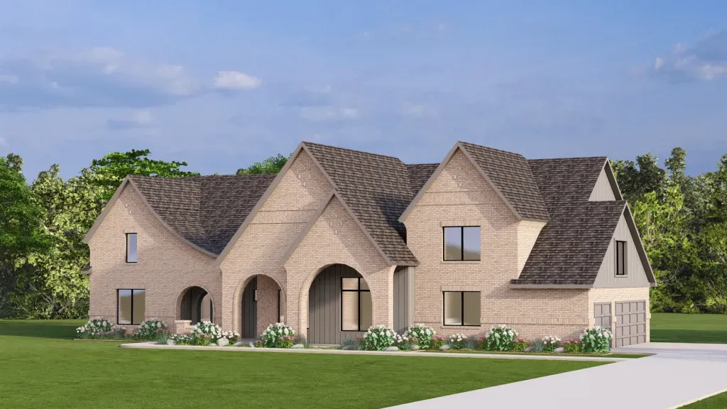 Large beige suburban house with multiple gables, arched entry, and a green lawn under a blue sky