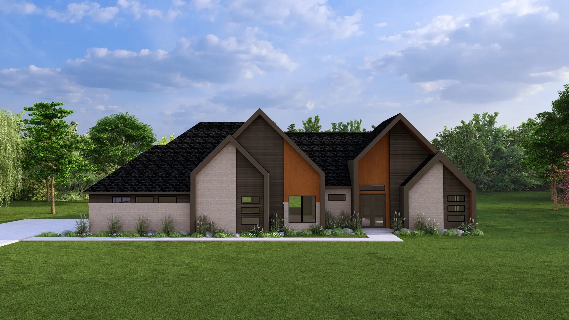 Modern house exterior with dark roof, wood accents, and a green lawn under a blue sky