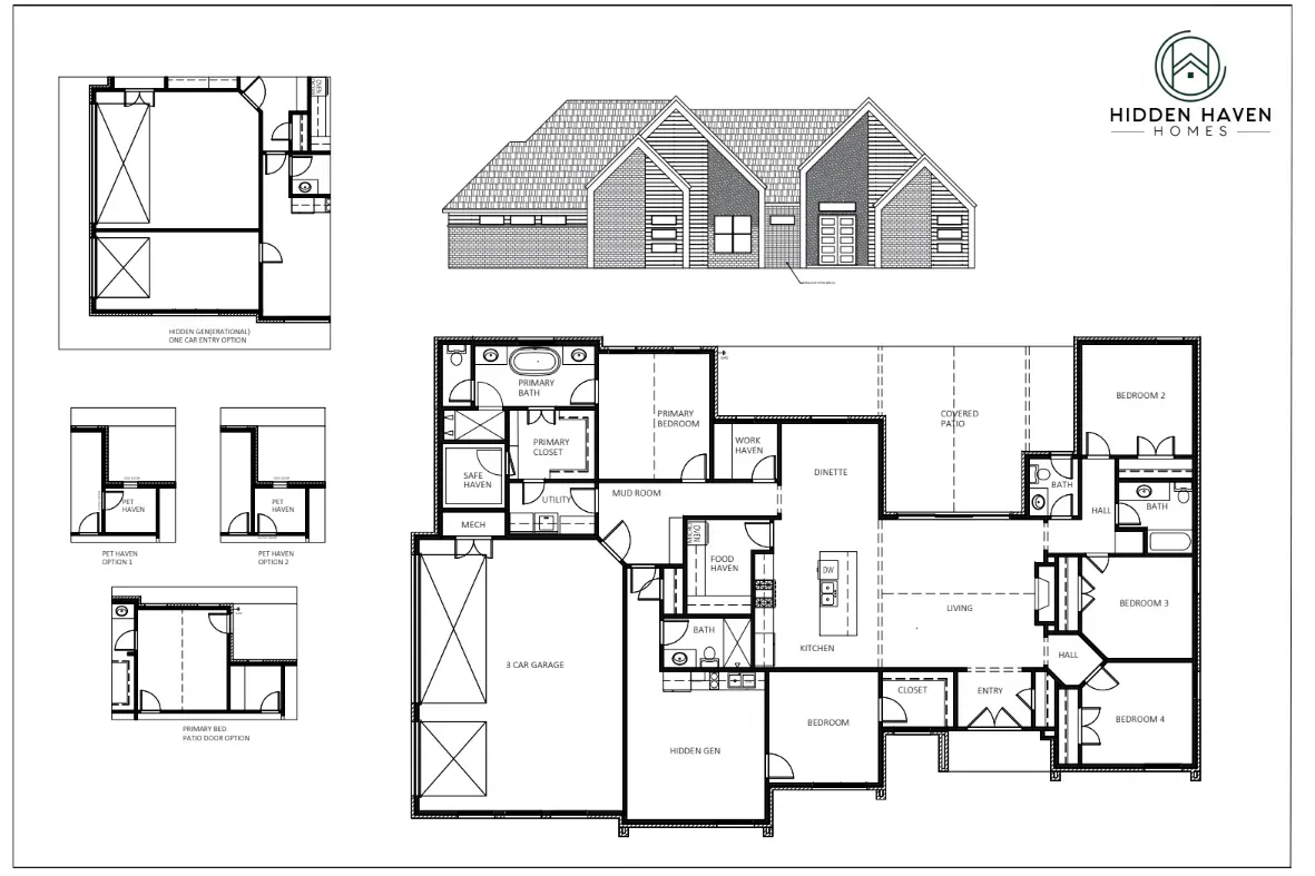 Architectural house plan sheet with floor plans, elevations, and roof layout drawings