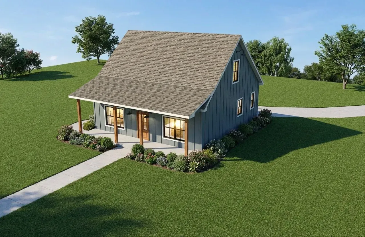 Blue cottage with a steep thatched roof on a grassy hill, with a front porch and a paved walkway