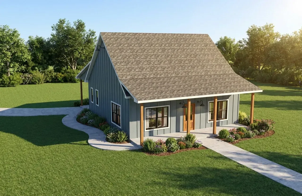 A small gray house with a steep roof, white trim, and a front porch, set in a green yard with flower beds.