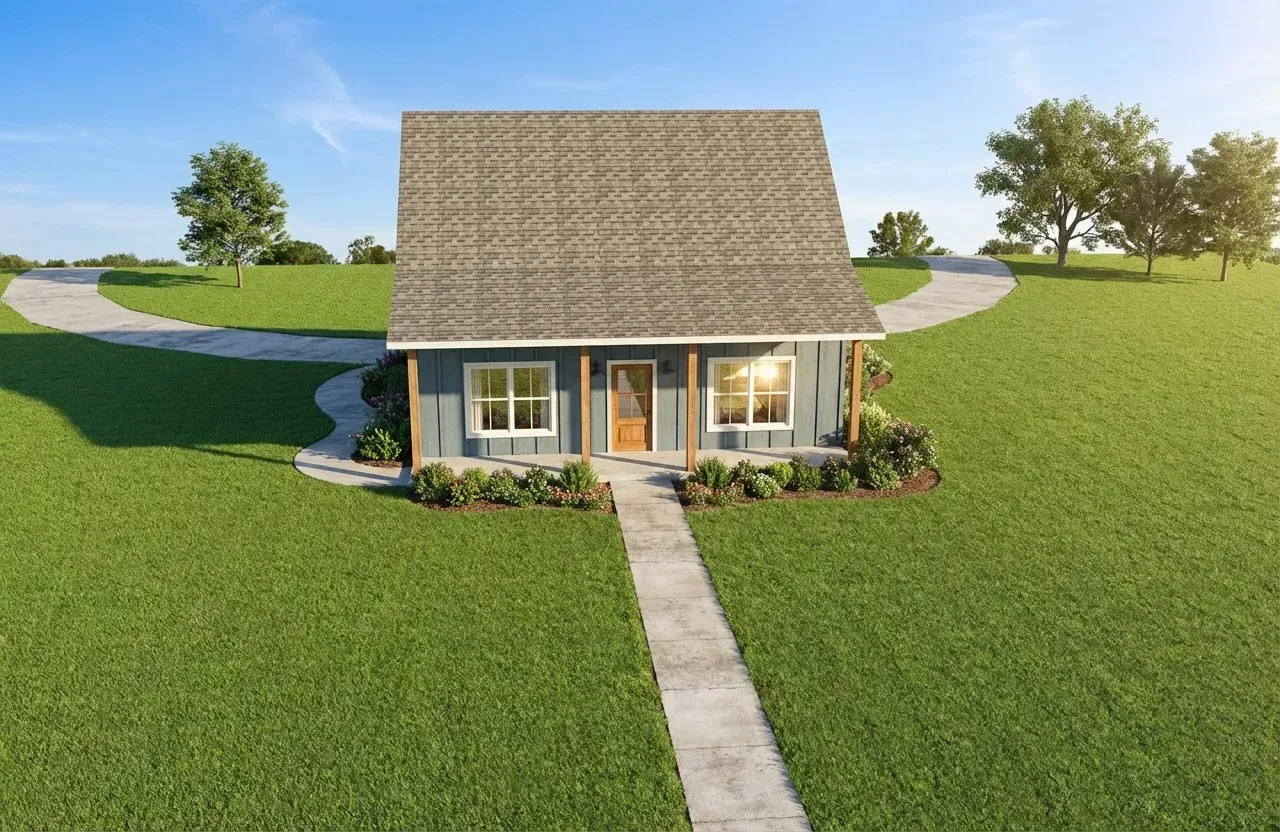 Small house with a steep roof and front path in a grassy field under a blue sky