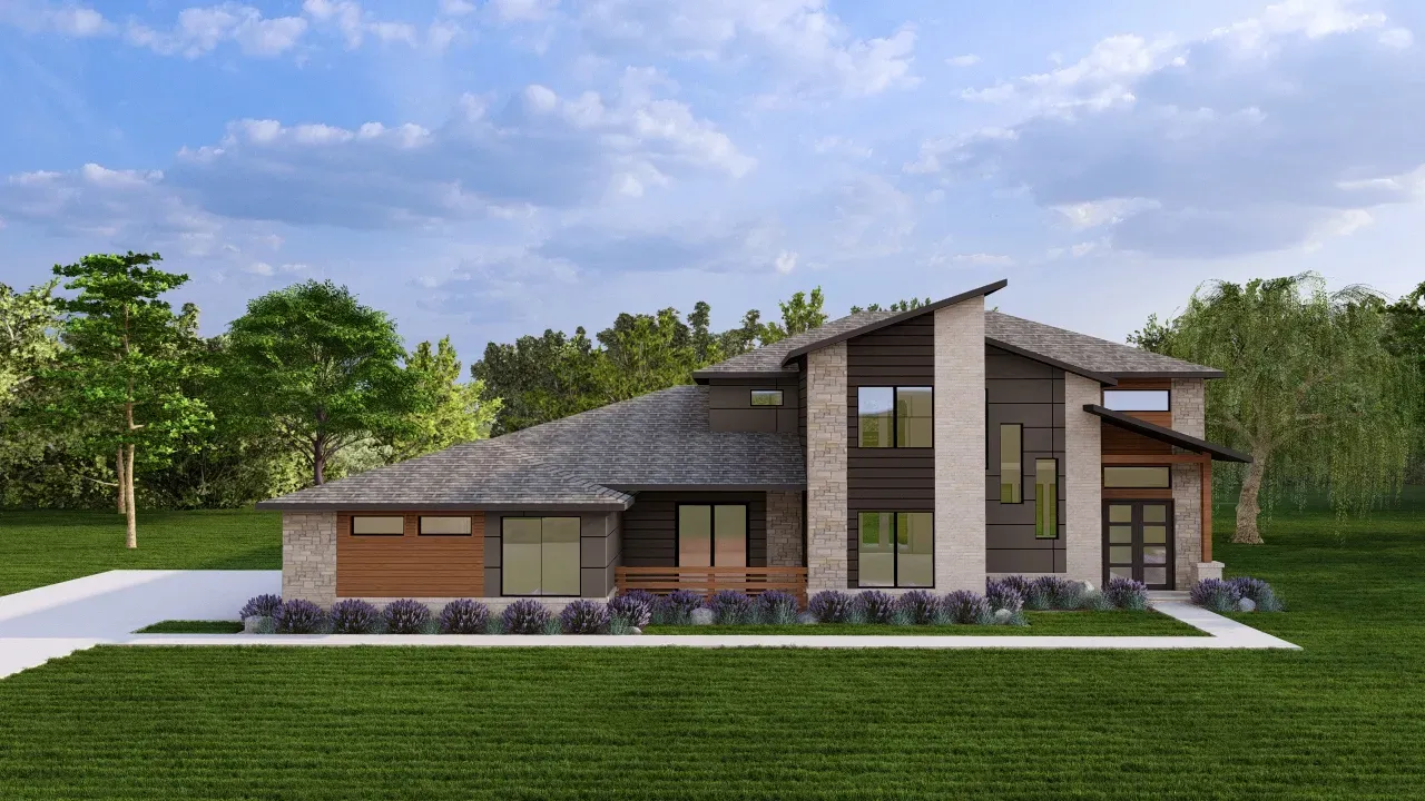 Modern two-story house with stone and wood accents, large windows, and a landscaped lawn under a blue sky