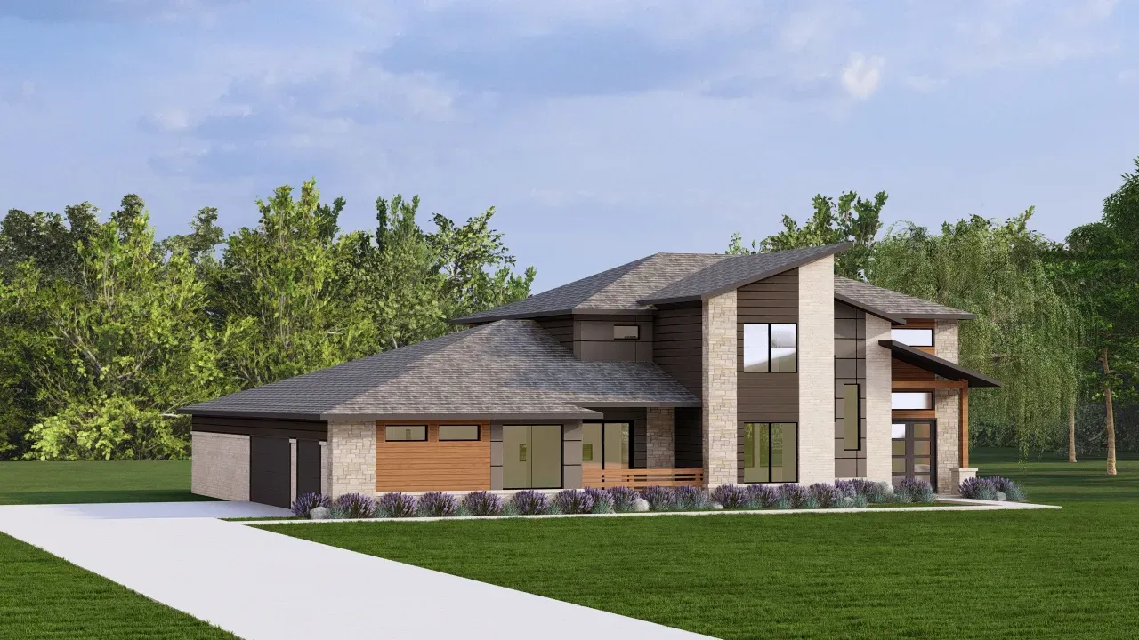 Modern two-story house with a stone facade, wood accents, and a large driveway surrounded by trees.