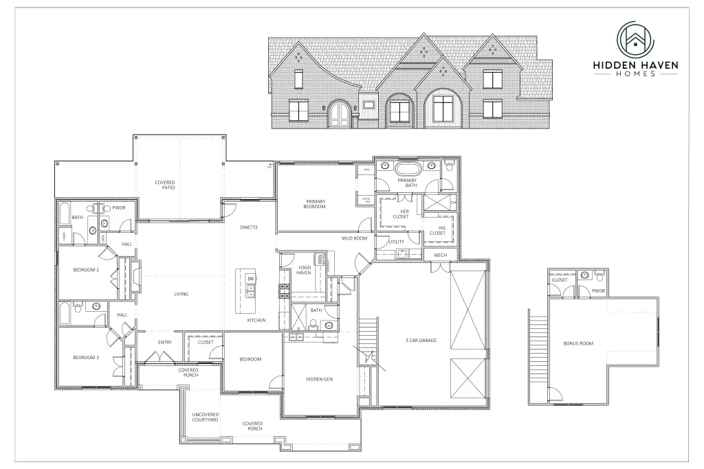 Floor plan of a single-story house with labeled rooms and a front elevation sketch.