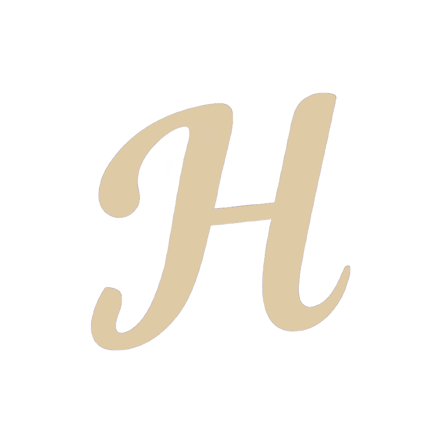 Beige cursive capital H on a white background