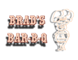 Brad's Bar-B-Q logo with text and cartoon pig chef with shadow.
