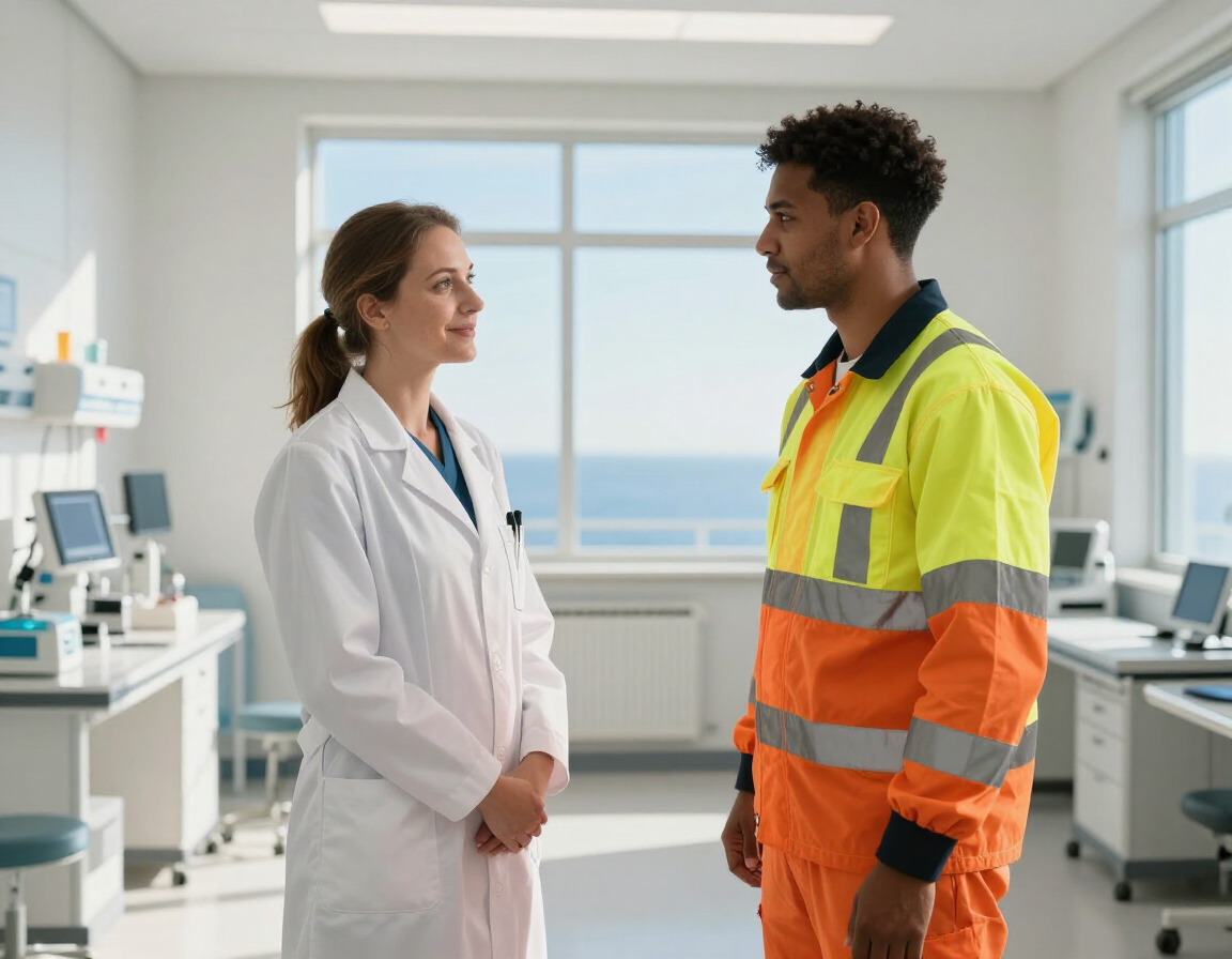 Clinician and offshore worker in a clinical consultation room